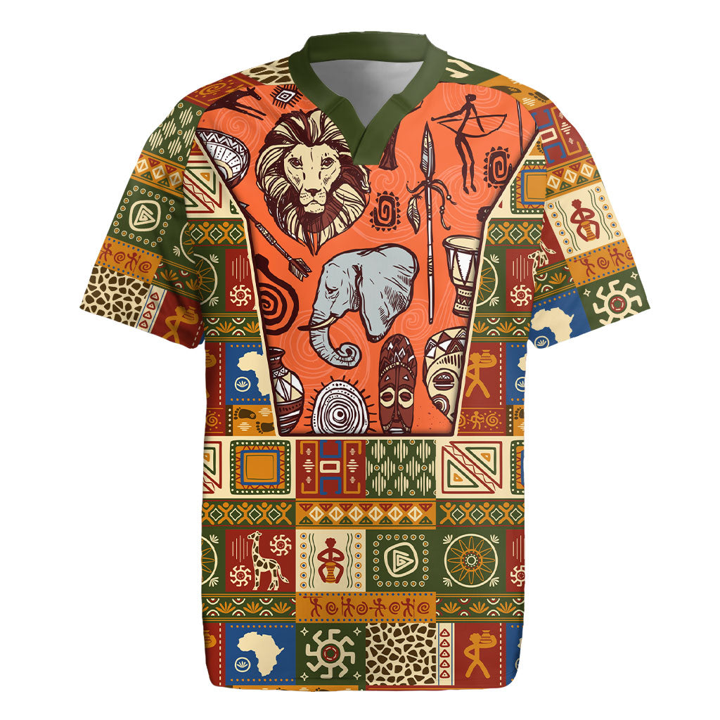 Personalized African King's 65th Birthday Rugby Jersey Traditional Ethnic Patchwork Safari Animals