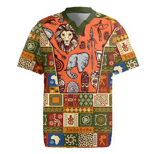 Personalized African King's 65th Birthday Rugby Jersey Traditional Ethnic Patchwork Safari Animals