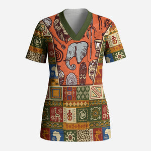 Personalized African King's 65th Birthday Scrub Top Traditional Ethnic Patchwork Safari Animals