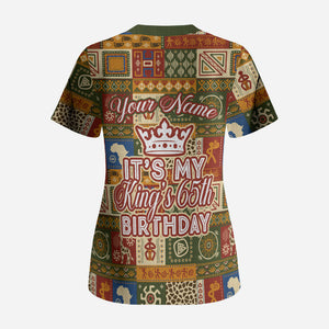 Personalized African King's 65th Birthday Scrub Top Traditional Ethnic Patchwork Safari Animals