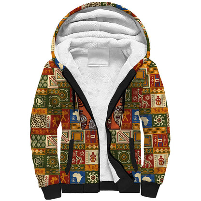 Personalized African King's 65th Birthday Sherpa Hoodie Traditional Ethnic Patchwork Safari Animals