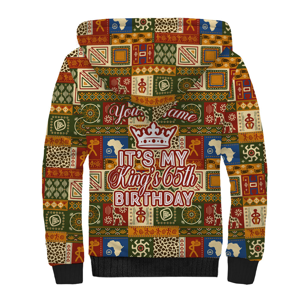 Personalized African King's 65th Birthday Sherpa Hoodie Traditional Ethnic Patchwork Safari Animals