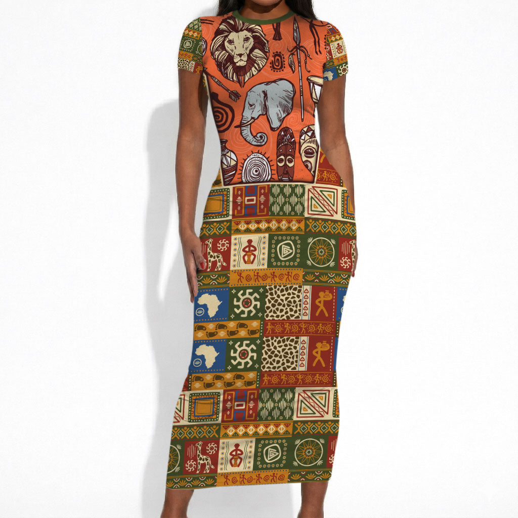 Personalized African King's 65th Birthday Short Sleeve Bodycon Dress Traditional Ethnic Patchwork Safari Animals
