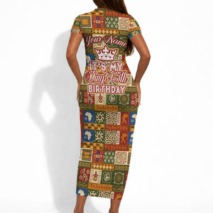 Personalized African King's 65th Birthday Short Sleeve Bodycon Dress Traditional Ethnic Patchwork Safari Animals
