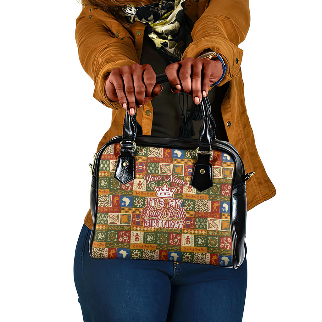 Personalized African King's 65th Birthday Shoulder Handbag Traditional Ethnic Patchwork Safari Animals