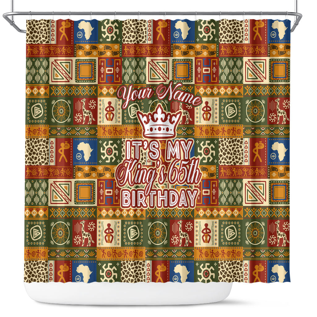 Personalized African King's 65th Birthday Shower Curtain Traditional Ethnic Patchwork Safari Animals