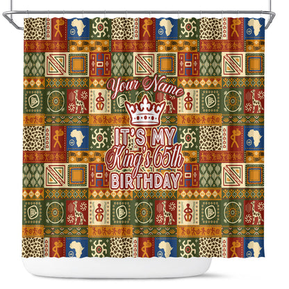 Personalized African King's 65th Birthday Shower Curtain Traditional Ethnic Patchwork Safari Animals