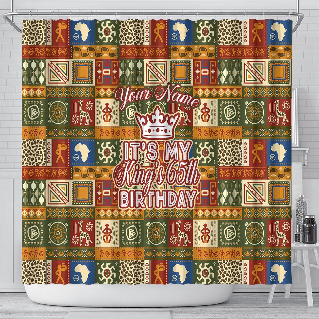 Personalized African King's 65th Birthday Shower Curtain Traditional Ethnic Patchwork Safari Animals