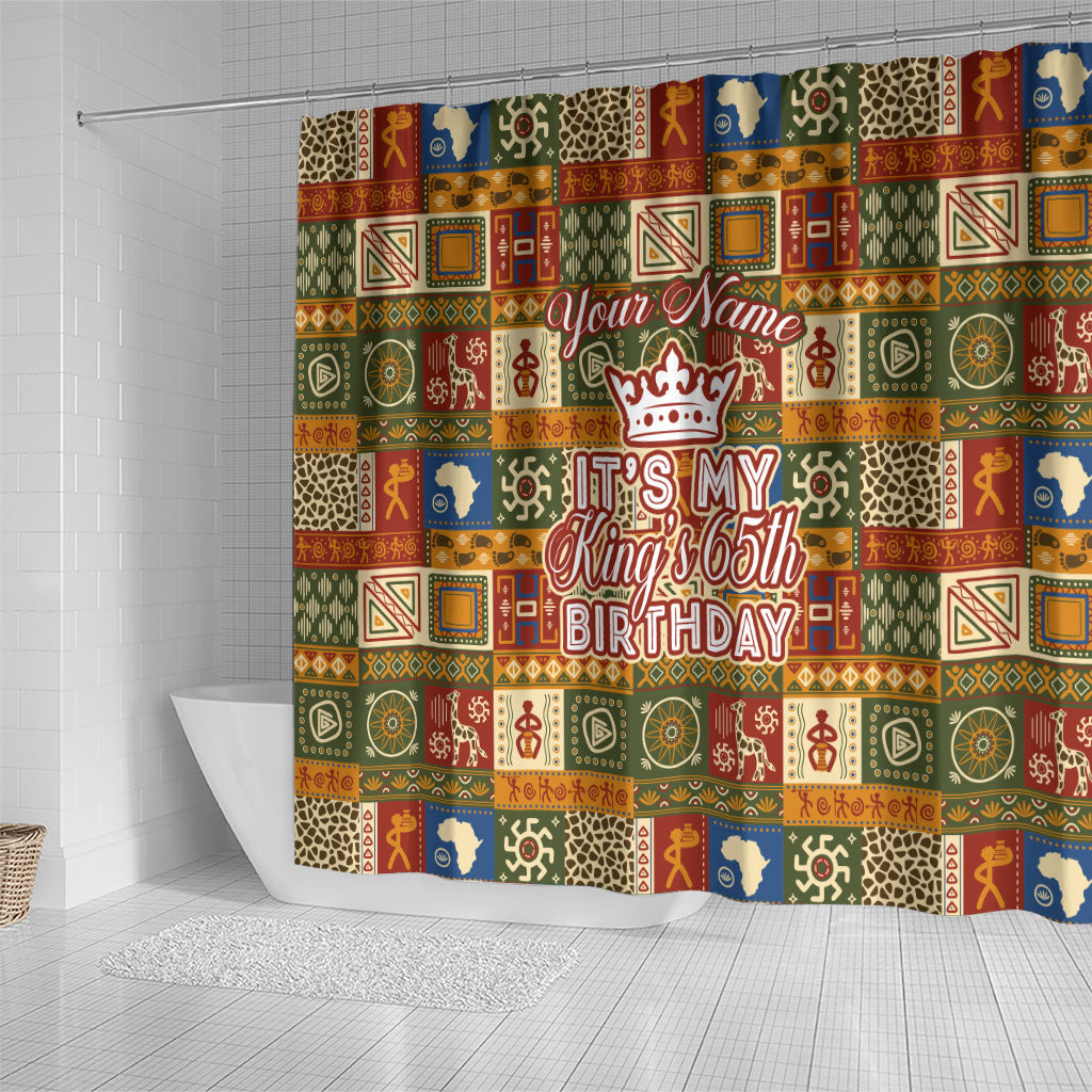 Personalized African King's 65th Birthday Shower Curtain Traditional Ethnic Patchwork Safari Animals
