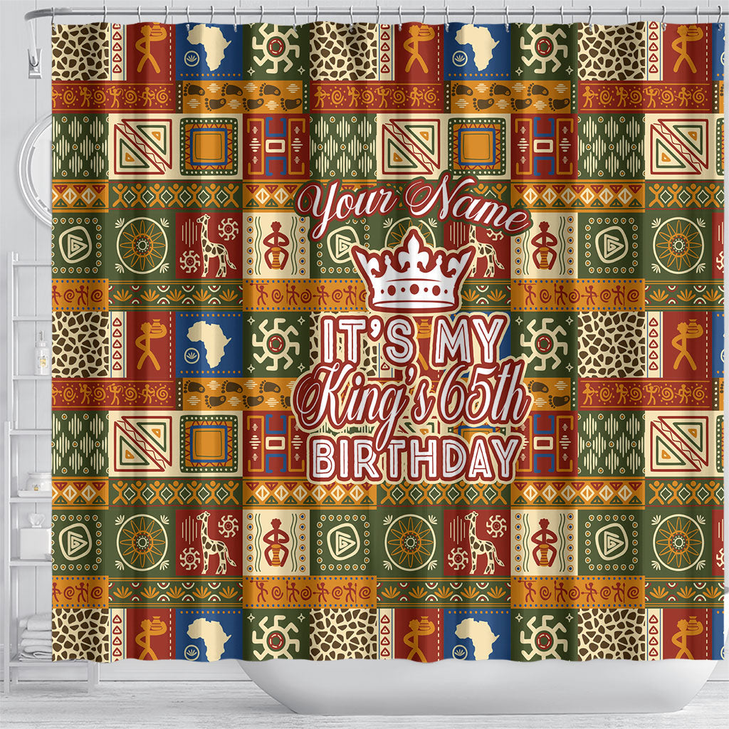 Personalized African King's 65th Birthday Shower Curtain Traditional Ethnic Patchwork Safari Animals