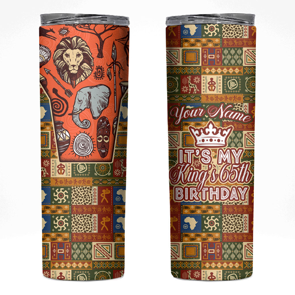 Personalized African King's 65th Birthday Skinny Tumbler Traditional Ethnic Patchwork Safari Animals