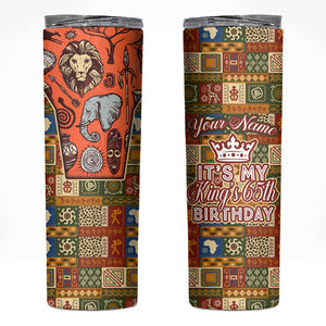 Personalized African King's 65th Birthday Skinny Tumbler Traditional Ethnic Patchwork Safari Animals