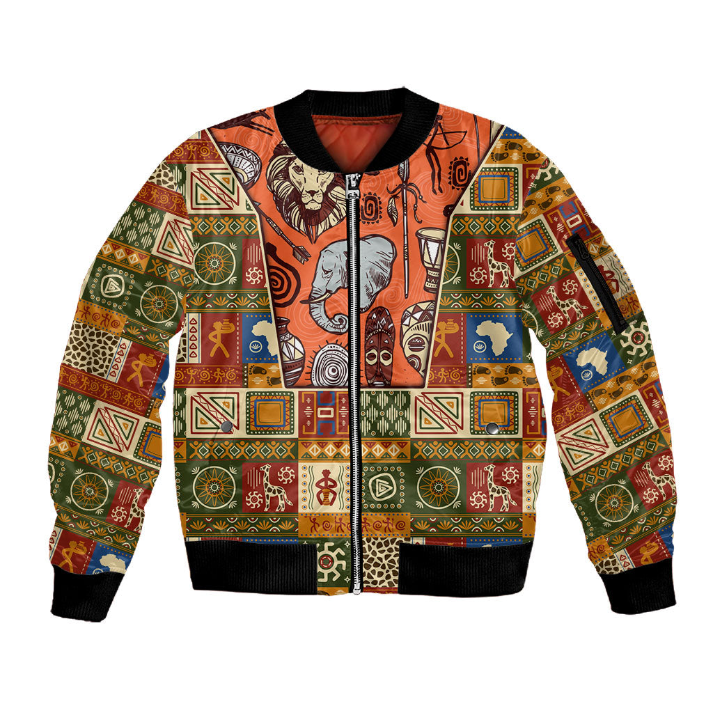 Personalized African King's 65th Birthday Sleeve Zip Bomber Jacket Traditional Ethnic Patchwork Safari Animals