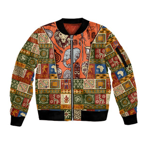 Personalized African King's 65th Birthday Sleeve Zip Bomber Jacket Traditional Ethnic Patchwork Safari Animals