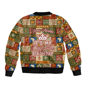Personalized African King's 65th Birthday Sleeve Zip Bomber Jacket Traditional Ethnic Patchwork Safari Animals