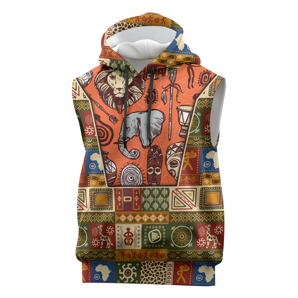 Personalized African King's 65th Birthday Sleeveless Hoodie Traditional Ethnic Patchwork Safari Animals
