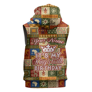Personalized African King's 65th Birthday Sleeveless Hoodie Traditional Ethnic Patchwork Safari Animals