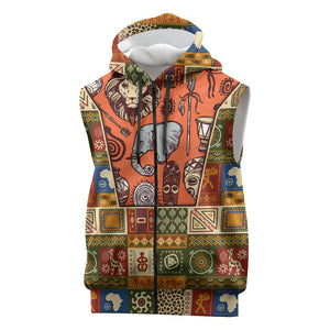 Personalized African King's 65th Birthday Sleeveless Zip Hoodie Traditional Ethnic Patchwork Safari Animals