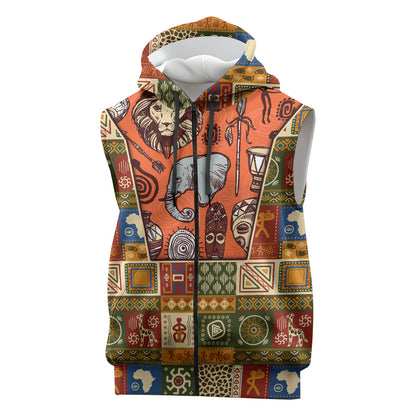 Personalized African King's 65th Birthday Sleeveless Zip Hoodie Traditional Ethnic Patchwork Safari Animals