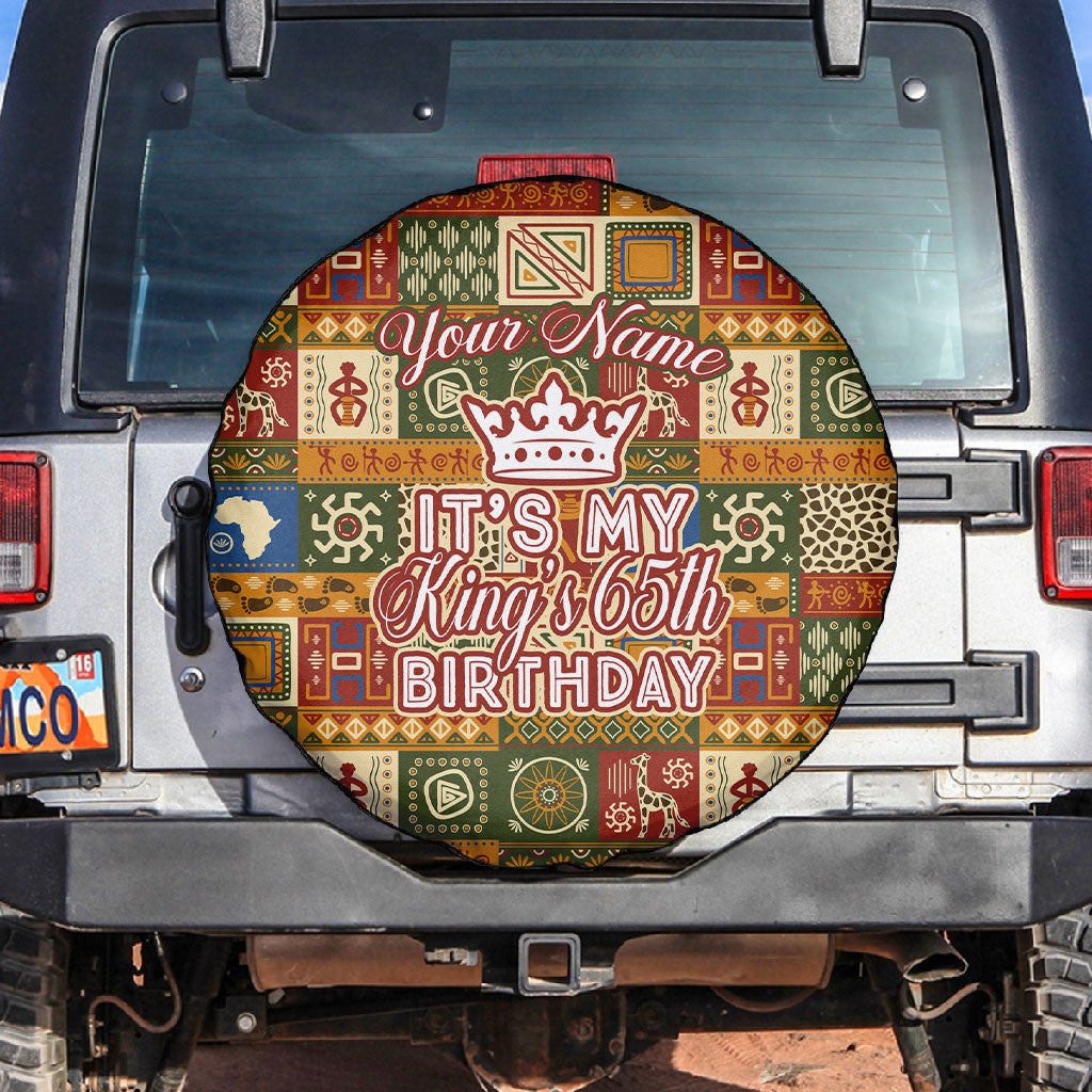 Personalized African King's 65th Birthday Spare Tire Cover Traditional Ethnic Patchwork Safari Animals