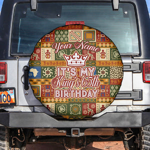 Personalized African King's 65th Birthday Spare Tire Cover Traditional Ethnic Patchwork Safari Animals
