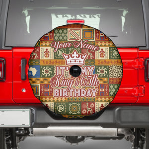 Personalized African King's 65th Birthday Spare Tire Cover Traditional Ethnic Patchwork Safari Animals