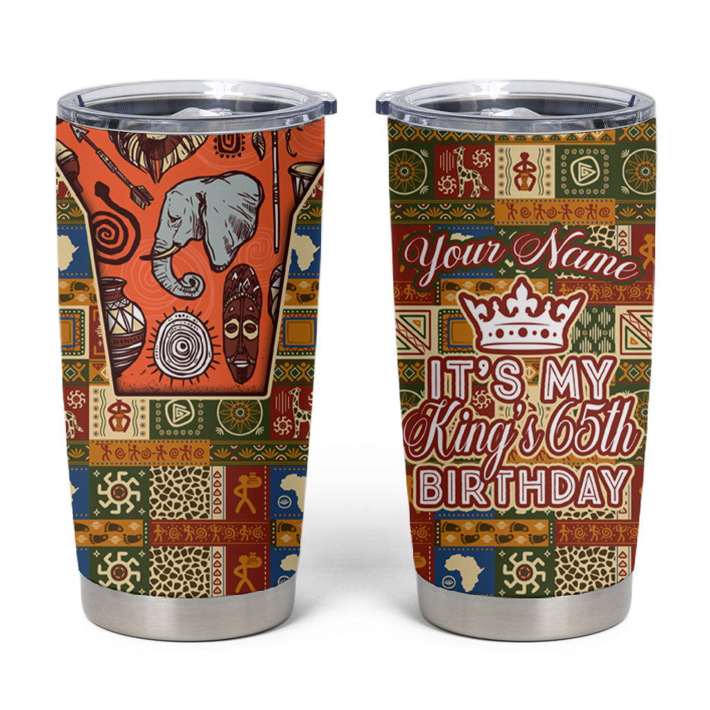 Personalized African King's 65th Birthday Tumbler Cup Traditional Ethnic Patchwork Safari Animals