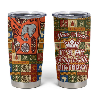 Personalized African King's 65th Birthday Tumbler Cup Traditional Ethnic Patchwork Safari Animals