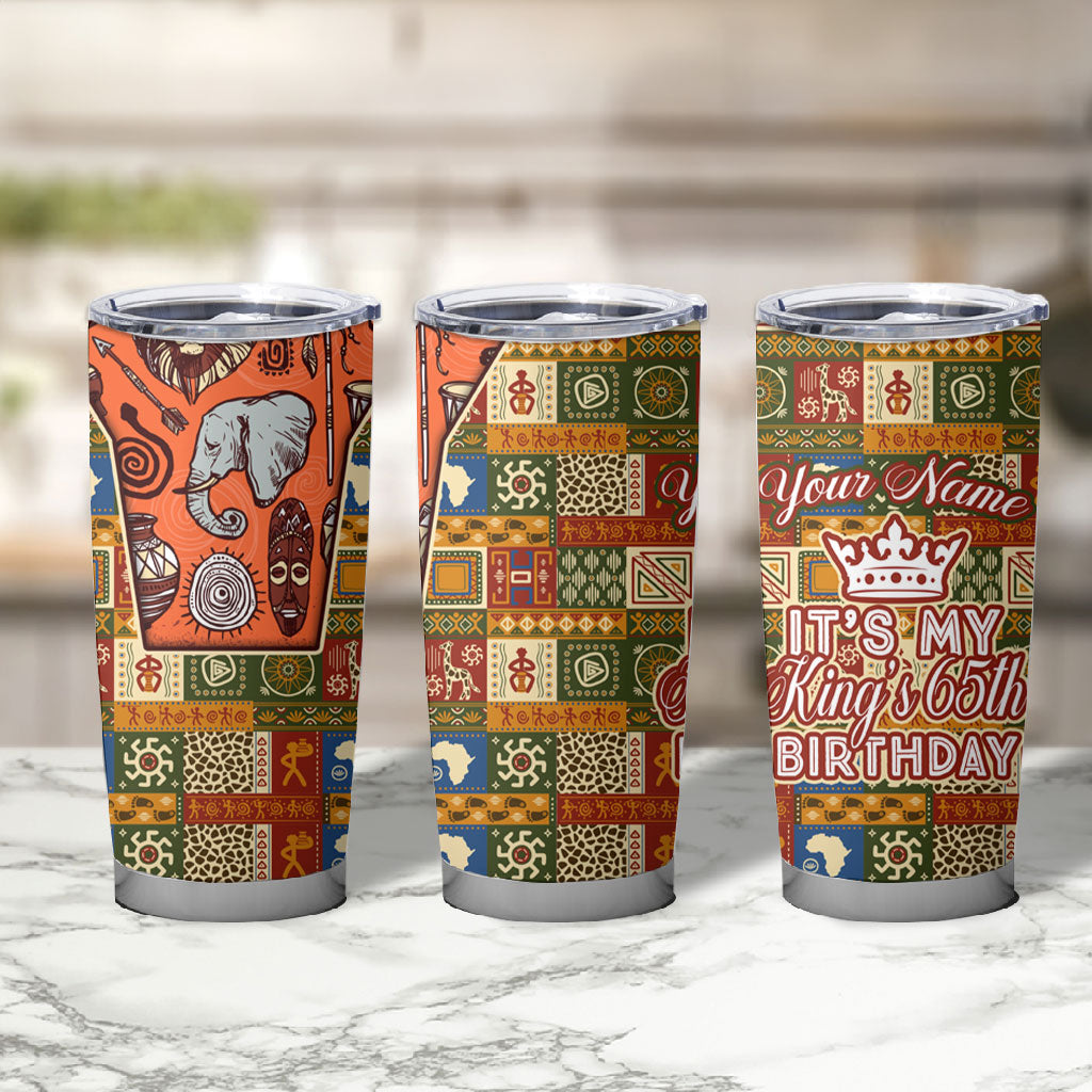Personalized African King's 65th Birthday Tumbler Cup Traditional Ethnic Patchwork Safari Animals