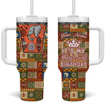Personalized African King's 65th Birthday Tumbler With Handle Traditional Ethnic Patchwork Safari Animals