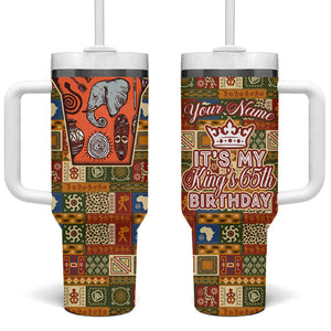 Personalized African King's 65th Birthday Tumbler With Handle Traditional Ethnic Patchwork Safari Animals