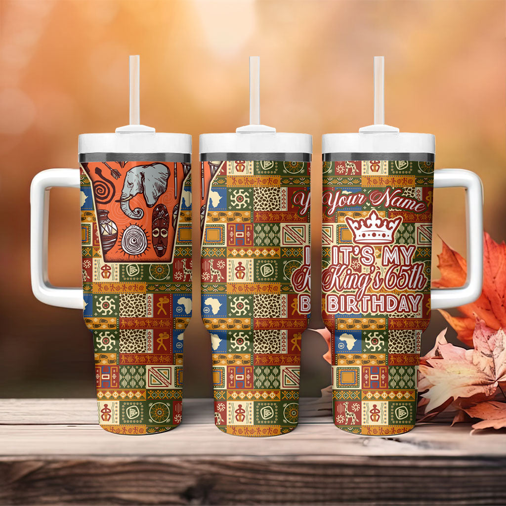 Personalized African King's 65th Birthday Tumbler With Handle Traditional Ethnic Patchwork Safari Animals