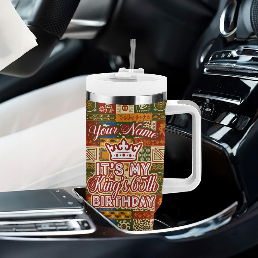 Personalized African King's 65th Birthday Tumbler With Handle Traditional Ethnic Patchwork Safari Animals