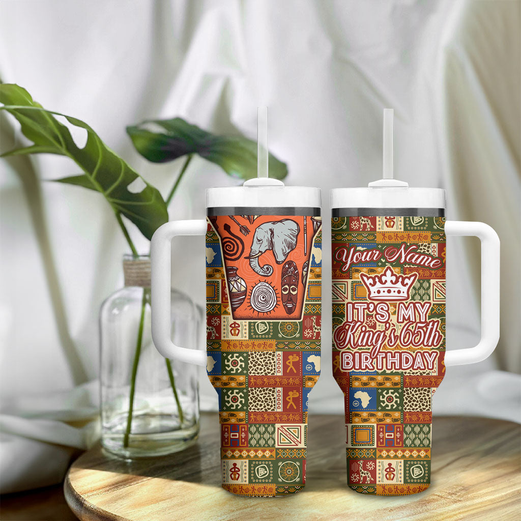 Personalized African King's 65th Birthday Tumbler With Handle Traditional Ethnic Patchwork Safari Animals