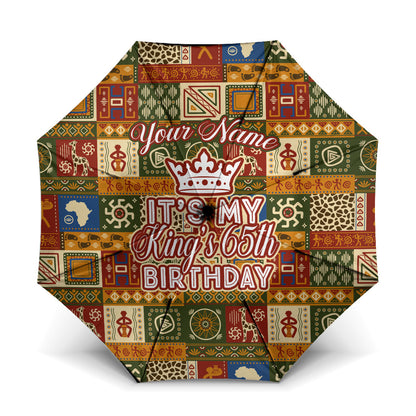 Personalized African King's 65th Birthday Umbrella Traditional Ethnic Patchwork Safari Animals