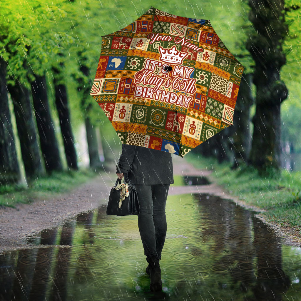 Personalized African King's 65th Birthday Umbrella Traditional Ethnic Patchwork Safari Animals