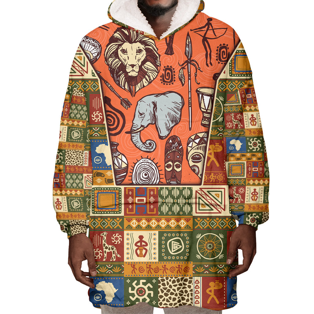 Personalized African King's 65th Birthday Wearable Blanket Hoodie Traditional Ethnic Patchwork Safari Animals