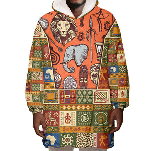 Personalized African King's 65th Birthday Wearable Blanket Hoodie Traditional Ethnic Patchwork Safari Animals