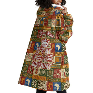 Personalized African King's 65th Birthday Wearable Blanket Hoodie Traditional Ethnic Patchwork Safari Animals