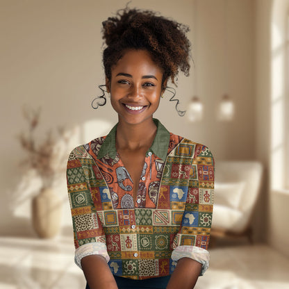Personalized African King's 65th Birthday Women Casual Shirt Traditional Ethnic Patchwork Safari Animals