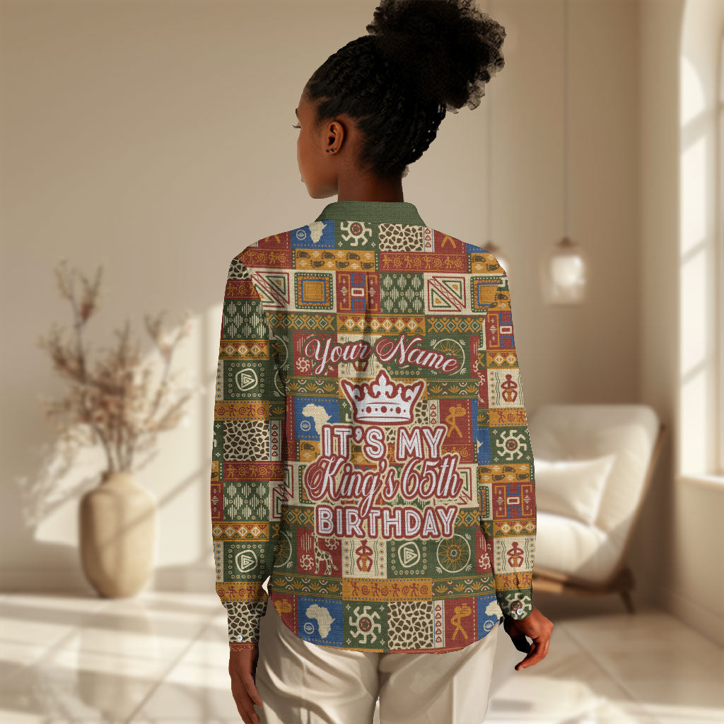 Personalized African King's 65th Birthday Women Casual Shirt Traditional Ethnic Patchwork Safari Animals