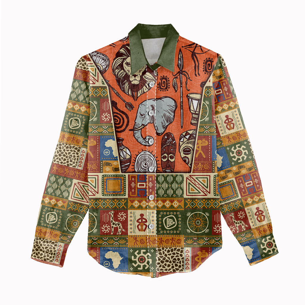 Personalized African King's 65th Birthday Women Casual Shirt Traditional Ethnic Patchwork Safari Animals