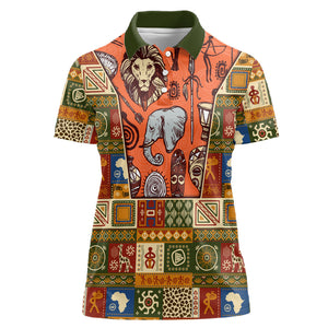 Personalized African King's 65th Birthday Women Polo Shirt Traditional Ethnic Patchwork Safari Animals