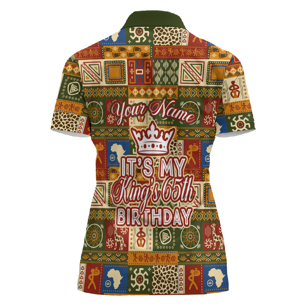 Personalized African King's 65th Birthday Women Polo Shirt Traditional Ethnic Patchwork Safari Animals