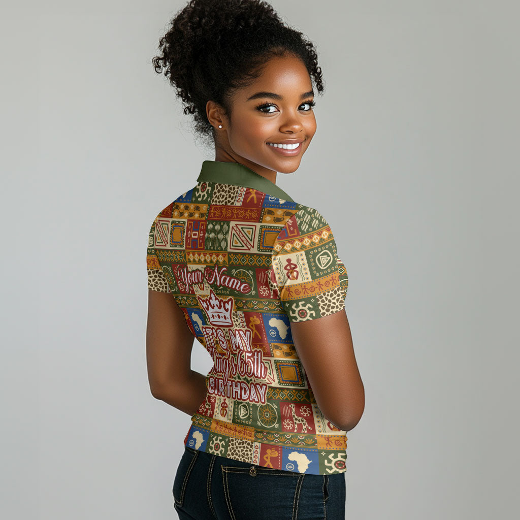 Personalized African King's 65th Birthday Women Polo Shirt Traditional Ethnic Patchwork Safari Animals