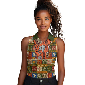 Personalized African King's 65th Birthday Women Sleeveless Polo Shirt Traditional Ethnic Patchwork Safari Animals