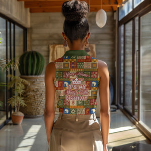 Personalized African King's 65th Birthday Women Sleeveless Polo Shirt Traditional Ethnic Patchwork Safari Animals