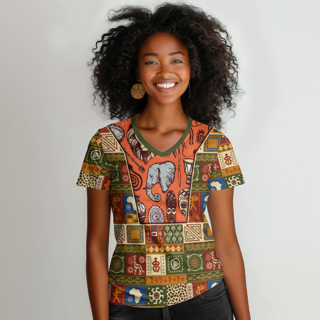 Personalized African King's 65th Birthday Women V-Neck T-Shirt Traditional Ethnic Patchwork Safari Animals