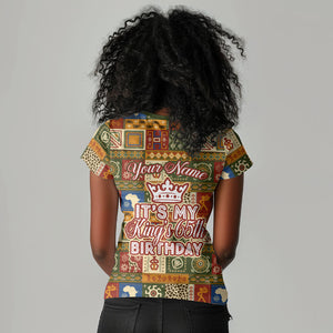 Personalized African King's 65th Birthday Women V-Neck T-Shirt Traditional Ethnic Patchwork Safari Animals