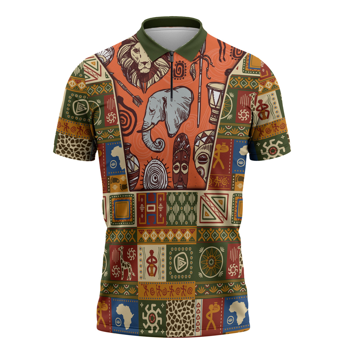 Personalized African King's 65th Birthday Zipper Polo Shirt Traditional Ethnic Patchwork Safari Animals